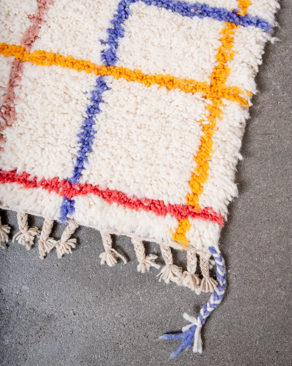 Modern, designer, handcrafted Berber rug from Morocco. Beniourain carpet with beautiful colours and patterns and fluffy wool texture.